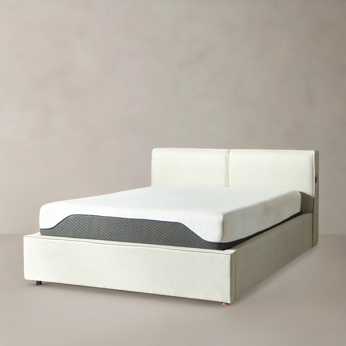 HELSINKI King Fabric Bed with Storage, Cream