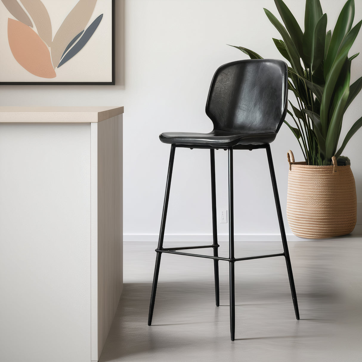 LINCOLN Leather Counter Stool, Black, 25.6"