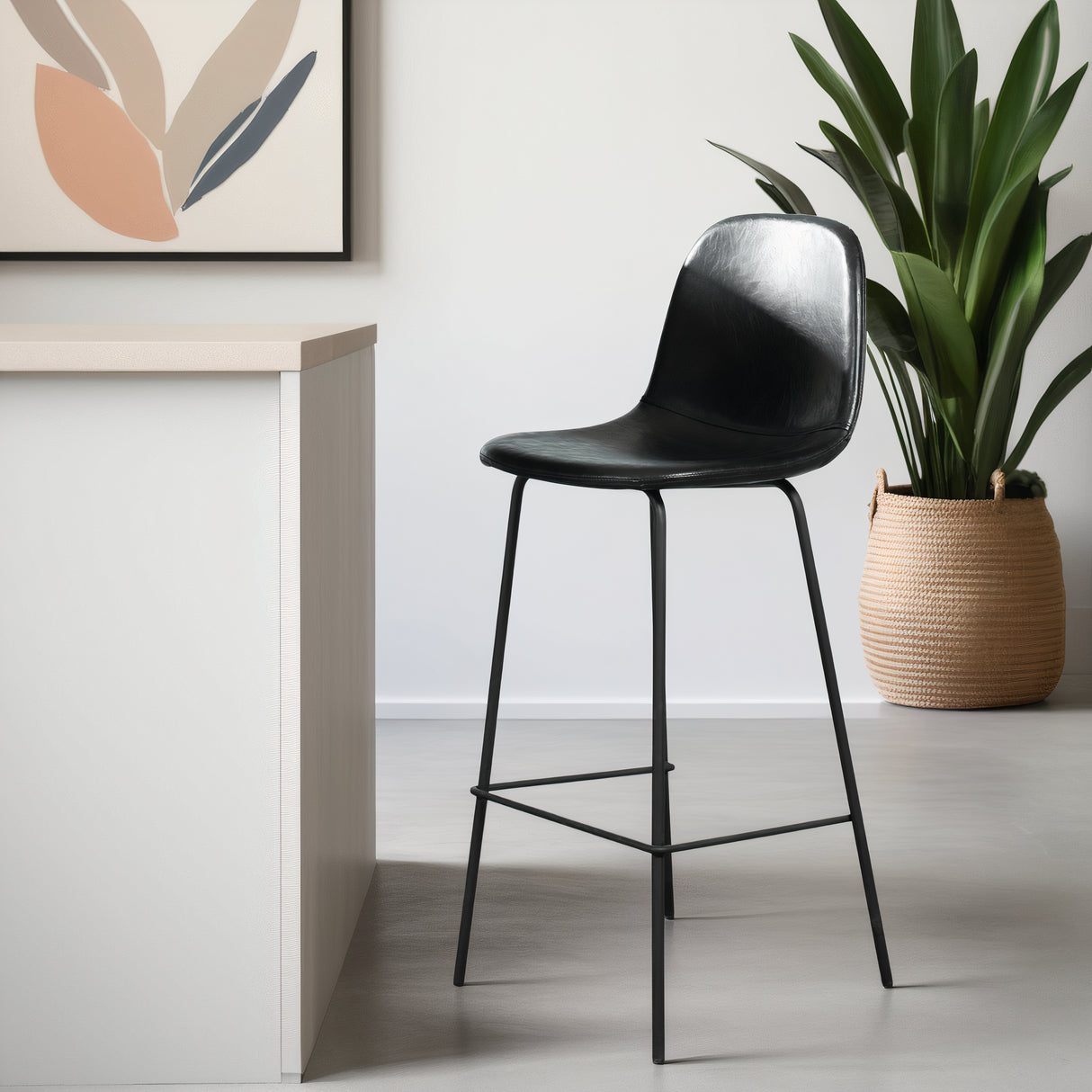 ROMA Leather Counter Stool, Black, 25.6"