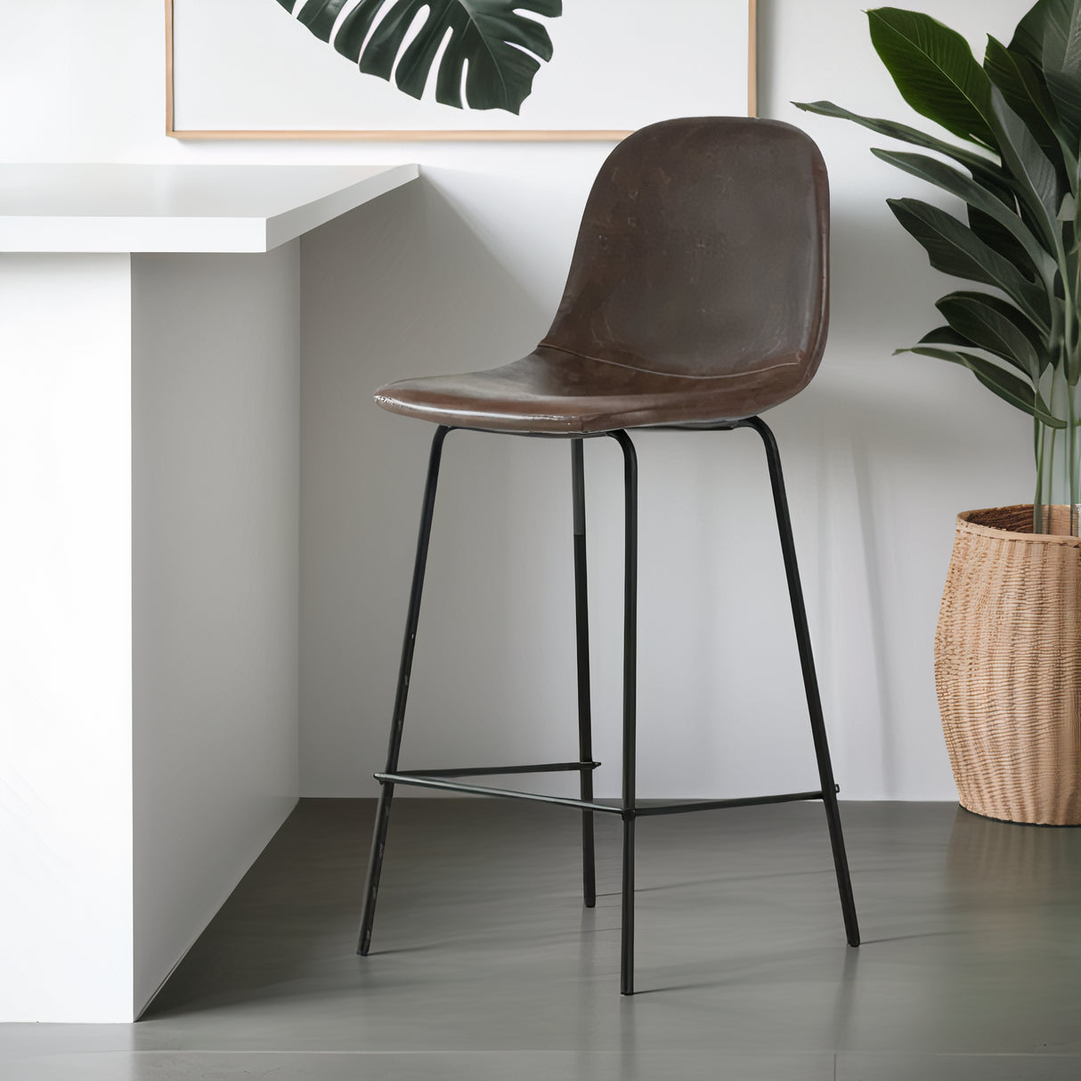 ROMA Leather Counter Stool, Brown, 25.6"