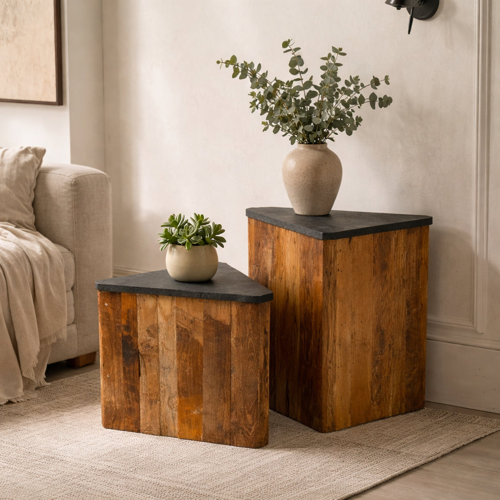 Tecton 23.6" Table d'appoint en teck massif - Plateau en pierre de lave naturelle