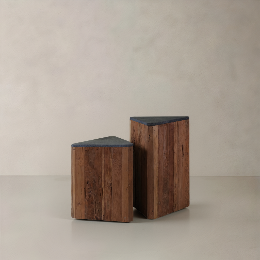 TECTON Solid Teak Side Table, Natural with Lava Stone Top, 60cm