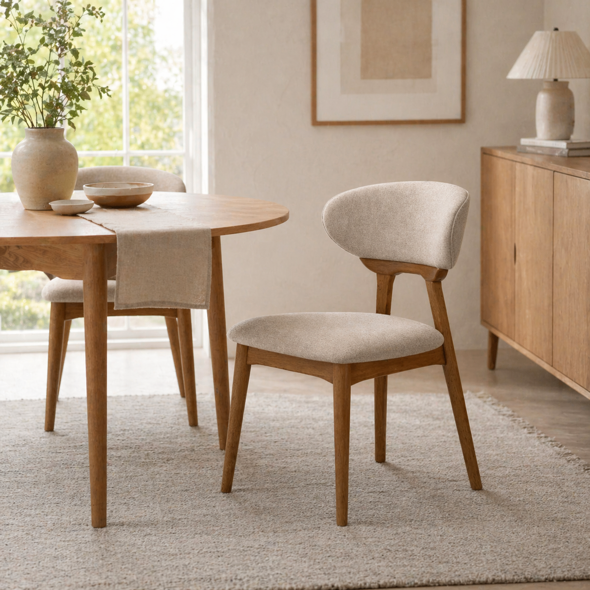 Samantha Solid Wood Dining Chair - Smoked Oak and Soft Sand Beige