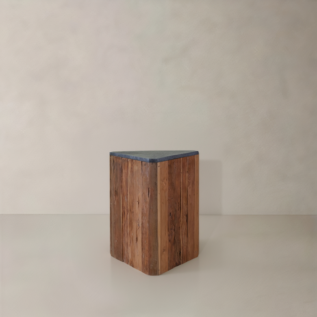 TECTON Solid Teak Side Table, Natural with Lava Stone Top, 60cm