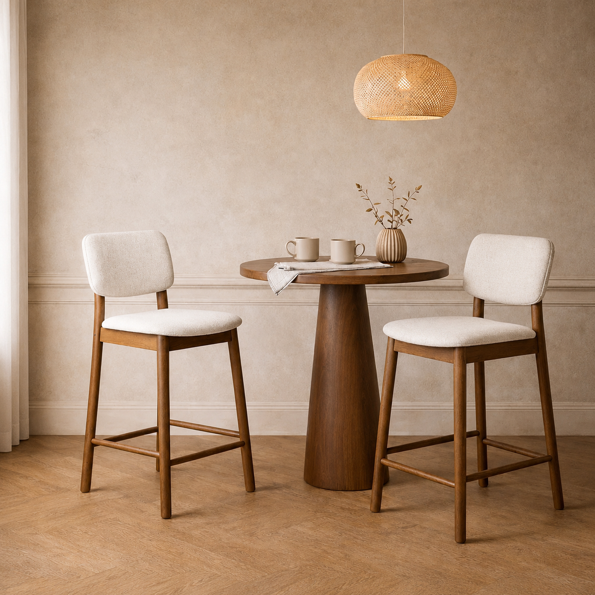 Tabouret de comptoir en bois massif Ivy - Chêne fumé et Ivoire chiné
