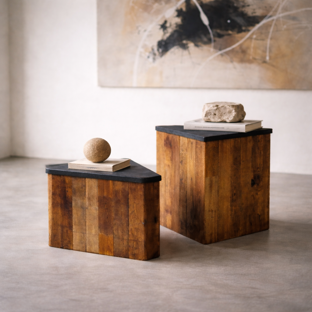 Tecton 17.7" Solid Teak Side Table - Natural Lava Stone Top